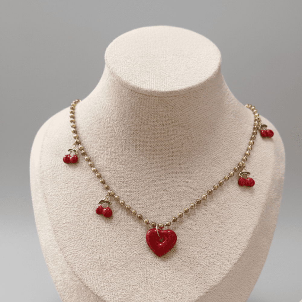 Collar Corazón Cerezas Charms